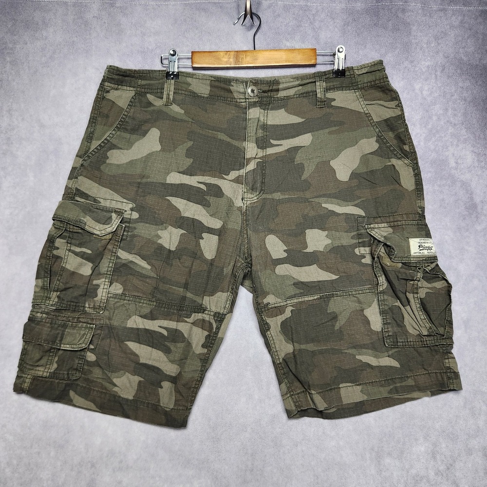 Plugg Mens Camo Cargo Shorts Size 38 Green Brown Ripstop Lightweight Camouflage